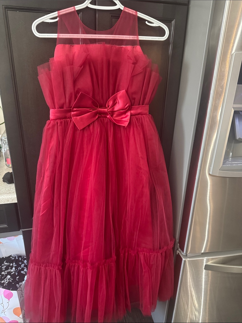 Girls Red Tulle Bow-Front Party Dress